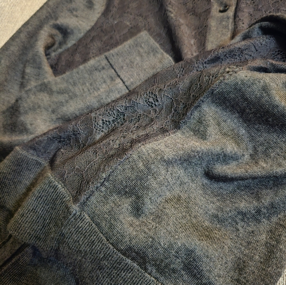 Loft Gray Black Lace Wool Blend Button Casual Career Sweater Size Medium - Picture 7 of 7